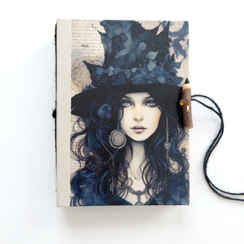 Quaderno Custode della Notte con figura femminile e cappello blu notte, cordone e bottone a forma di matitina